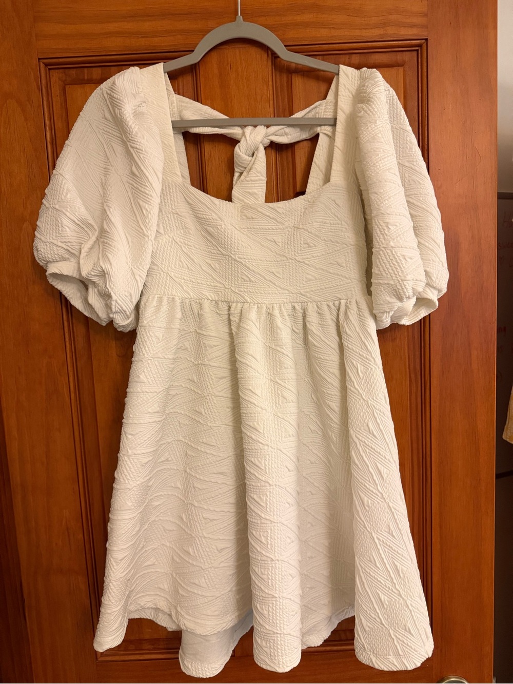 Free People white mini dress- textured puff sleeve